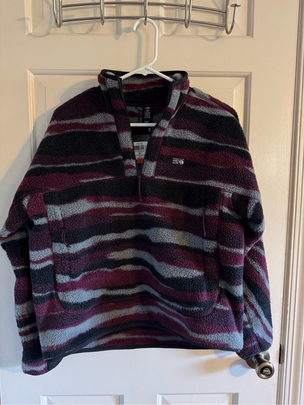 Mountain Hardwear Women's Striped Fleece Pullover in Burgundy, Gray & Black